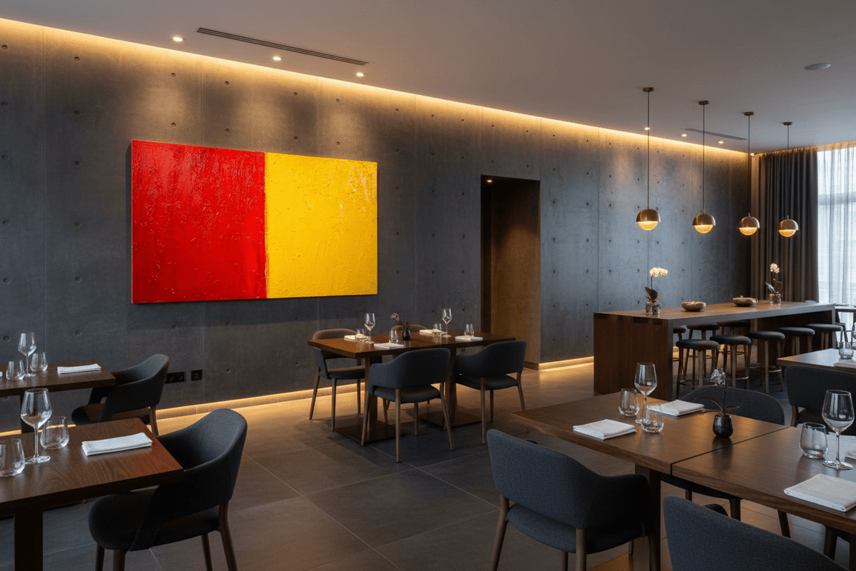 Red & Solar carmine and solar yellow artwork in an upscale restaurant interior