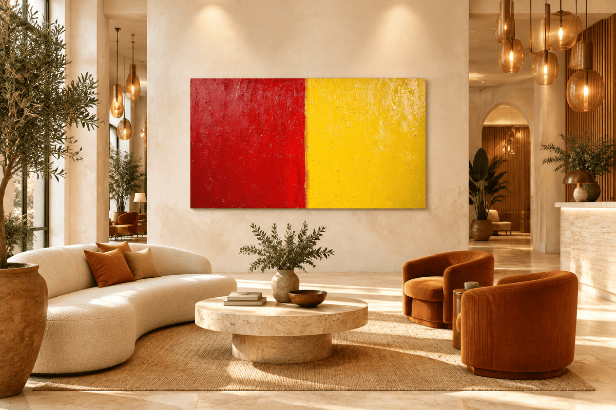 Red & Solar carmine and solar yellow artwork in a contemporary hotel lobby