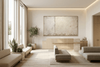 Settled Horizon abstract artwork with a chalk-white plaster field, pale sage vertical seam, and a low olive, sand and stone-grey residue band in a private clinic with reception and waiting area