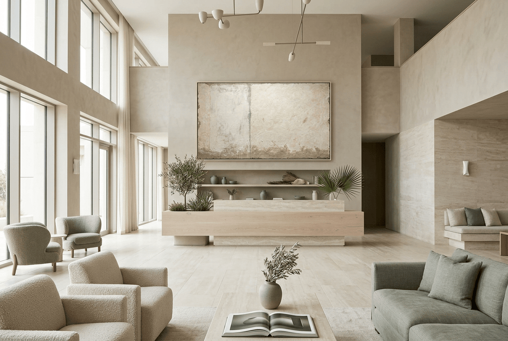 Settled Horizon abstract artwork with a chalk-white plaster field, pale sage vertical seam, and a low olive, sand and stone-grey residue band in a modern hotel lobby