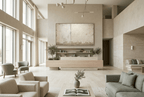 Settled Horizon abstract artwork with a chalk-white plaster field, pale sage vertical seam, and a low olive, sand and stone-grey residue band in a modern hotel lobby