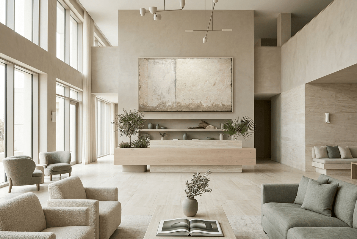 Settled Horizon abstract artwork with a chalk-white plaster field, pale sage vertical seam, and a low olive, sand and stone-grey residue band in a modern hotel lobby