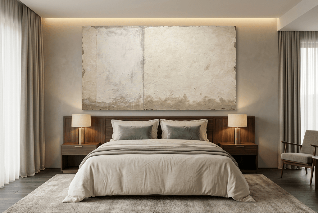 Settled Horizon abstract artwork with a chalk-white plaster field, pale sage vertical seam, and a low olive, sand and stone-grey residue band in a modern hotel room