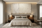 Settled Horizon abstract artwork with a chalk-white plaster field, pale sage vertical seam, and a low olive, sand and stone-grey residue band in a modern hotel room