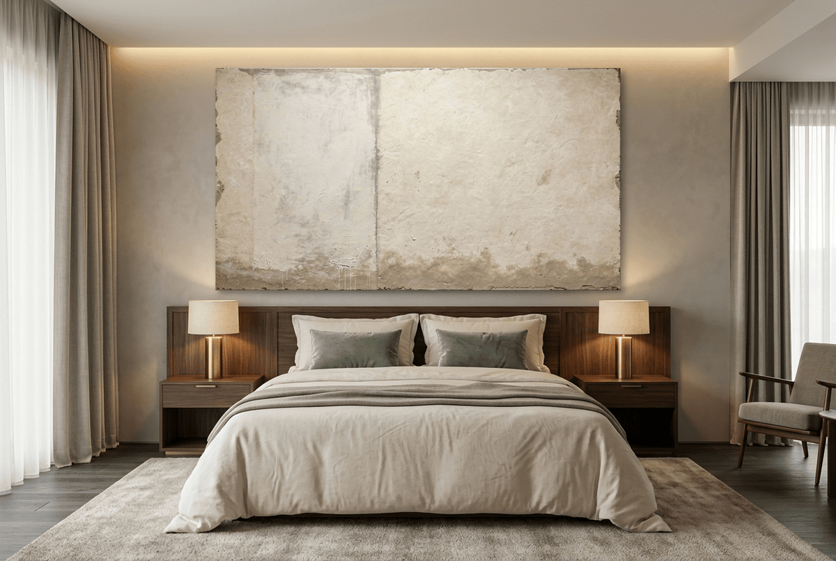 Settled Horizon abstract artwork with a chalk-white plaster field, pale sage vertical seam, and a low olive, sand and stone-grey residue band in a modern hotel room