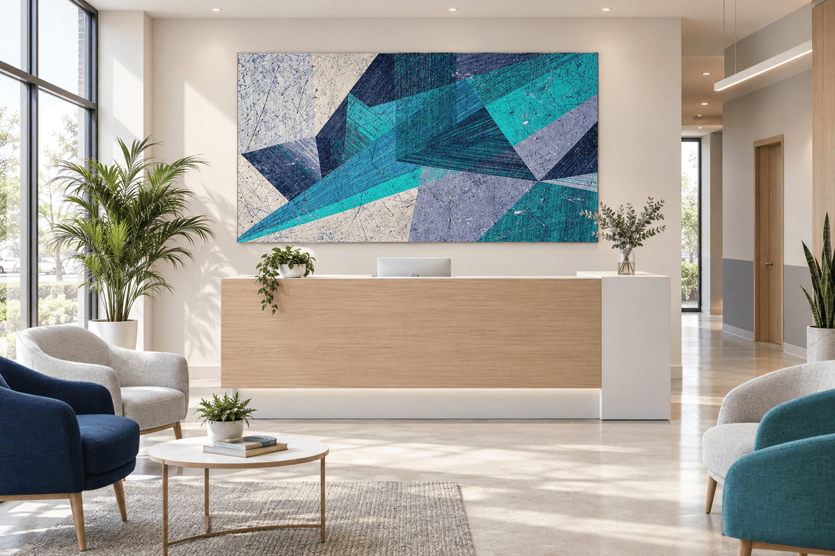 Shard Storm abstract geometric artwork with teal, ice blue, navy and lavender crossing planes in a clinic with reception and waiting area