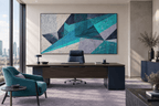 Shard Storm abstract geometric artwork with teal, ice blue, navy and lavender crossing planes in an executive office