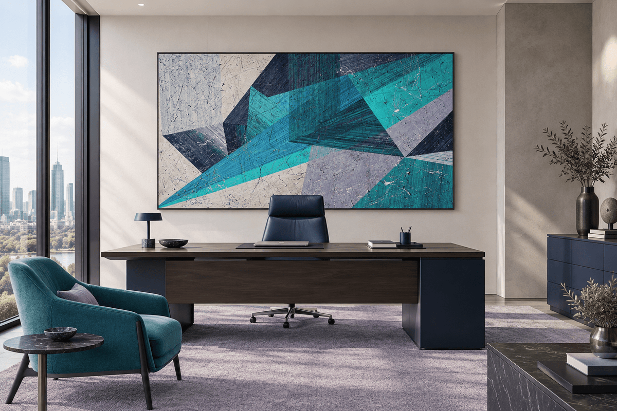 Shard Storm abstract geometric artwork with teal, ice blue, navy and lavender crossing planes in an executive office