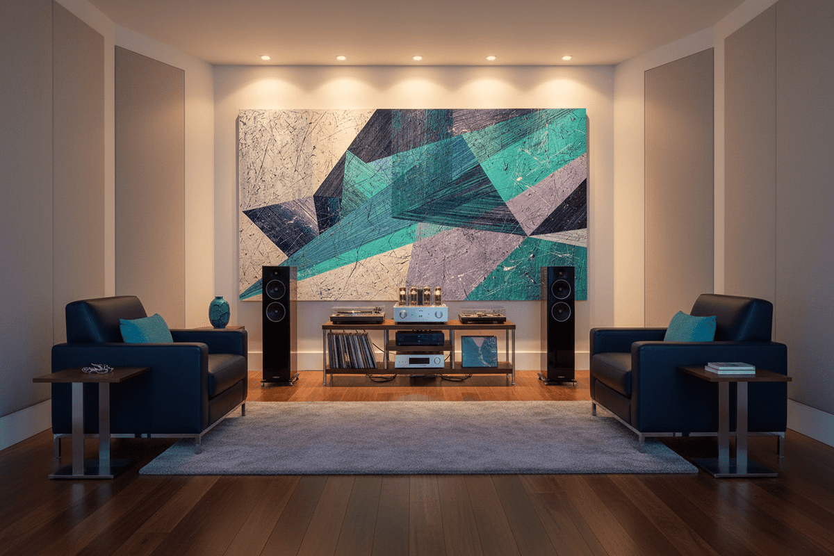 Shard Storm teal and navy geometric artwork in a luxury living room