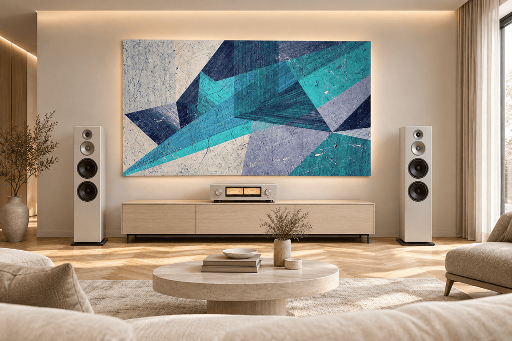 Shard Storm abstract geometric artwork with teal, ice blue, navy and lavender crossing planes in a hi end hifi living room