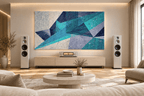 Shard Storm abstract geometric artwork with teal, ice blue, navy and lavender crossing planes in a hi end hifi living room