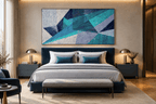 Shard Storm abstract geometric artwork with teal, ice blue, navy and lavender crossing planes in a modern luxury hotel room