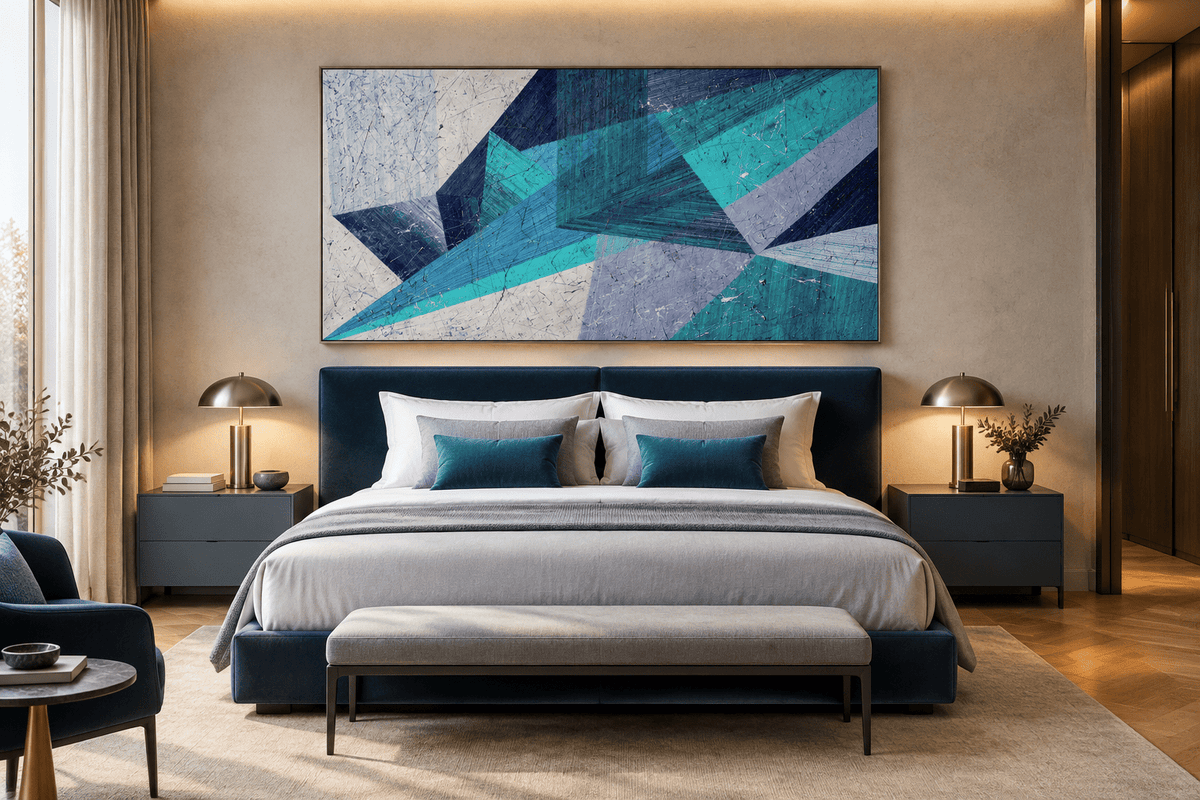Shard Storm abstract geometric artwork with teal, ice blue, navy and lavender crossing planes in a modern luxury hotel room