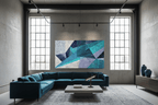 Shard Storm geometric artwork with crossing teal shards in a modern industrial loft