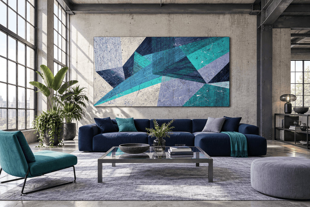 Shard Storm abstract geometric artwork with teal, ice blue, navy and lavender crossing planes in an industrial loft