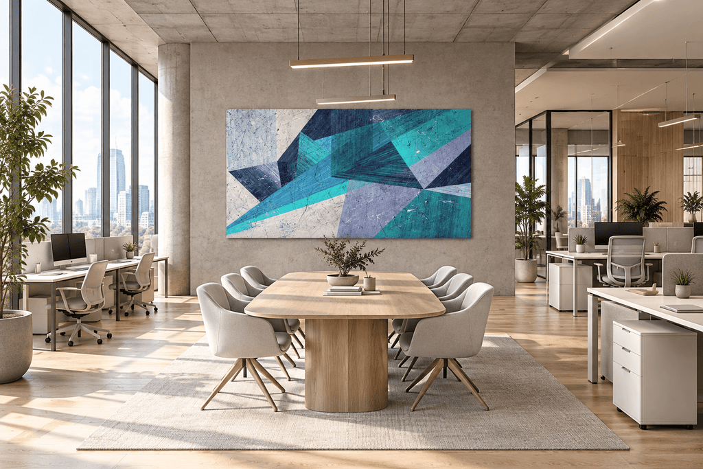 Shard Storm abstract geometric artwork with teal, ice blue, navy and lavender crossing planes in an open-plan office