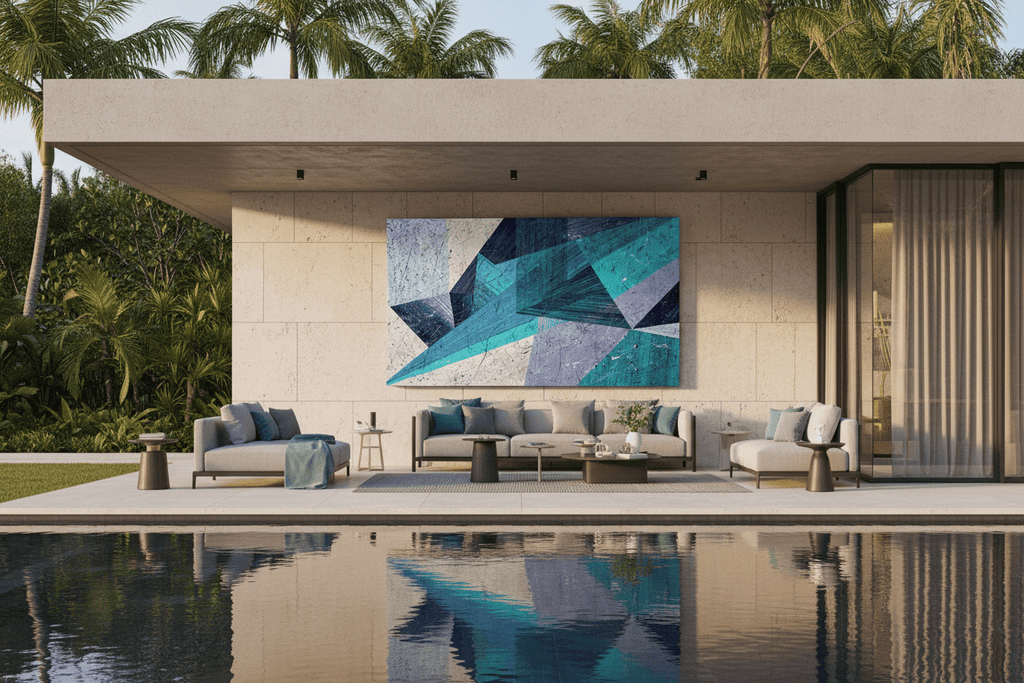 Shard Storm teal geometric artwork with crossing shards in a pool lounge and outdoor living space