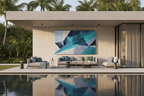 Shard Storm teal geometric artwork with crossing shards in a pool lounge and outdoor living space