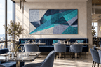 Shard Storm abstract geometric artwork with teal, ice blue, navy and lavender crossing planes in a modern restaurant