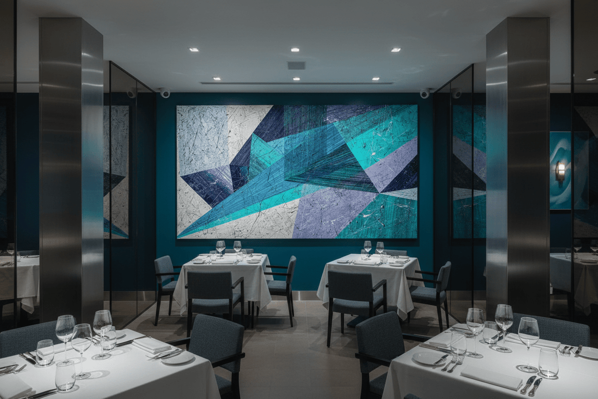 Shard Storm teal and ice-blue geometric artwork in an upscale restaurant interior