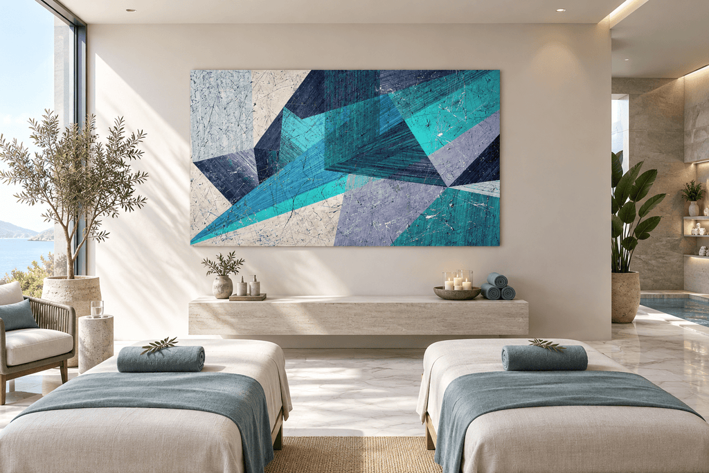 Shard Storm abstract geometric artwork with teal, ice blue, navy and lavender crossing planes in a wellness spa