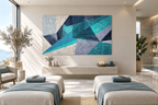 Shard Storm abstract geometric artwork with teal, ice blue, navy and lavender crossing planes in a wellness spa