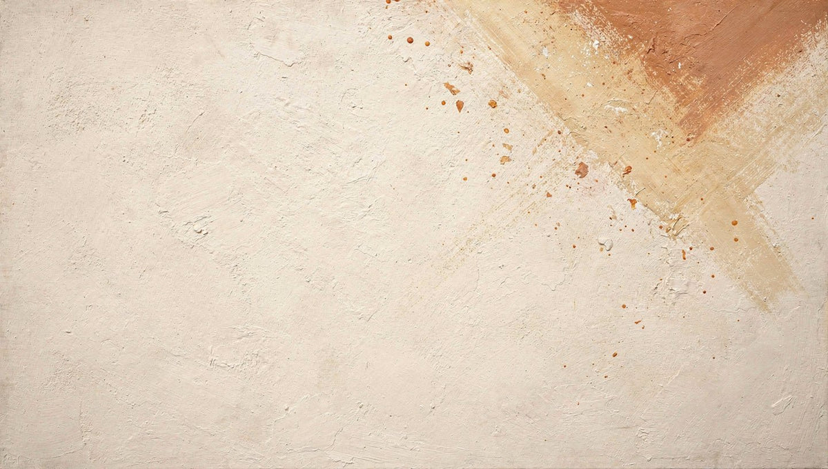 Sienna Incline abstract artwork with a luminous cream plaster field and an ascending diagonal of terracotta, muted sienna and pale ochre