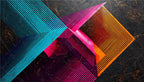 Signal Clash abstract geometric artwork with cyan, magenta and orange striped vectors on a dark ground
