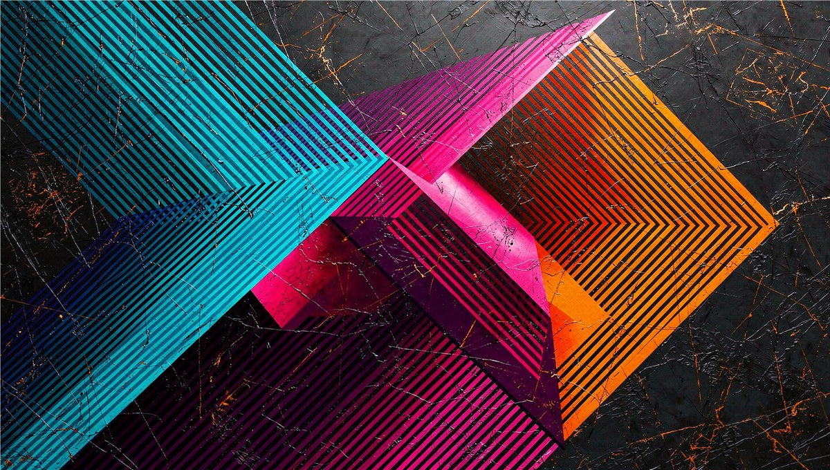 Signal Clash abstract geometric artwork with cyan, magenta and orange striped vectors on a dark ground