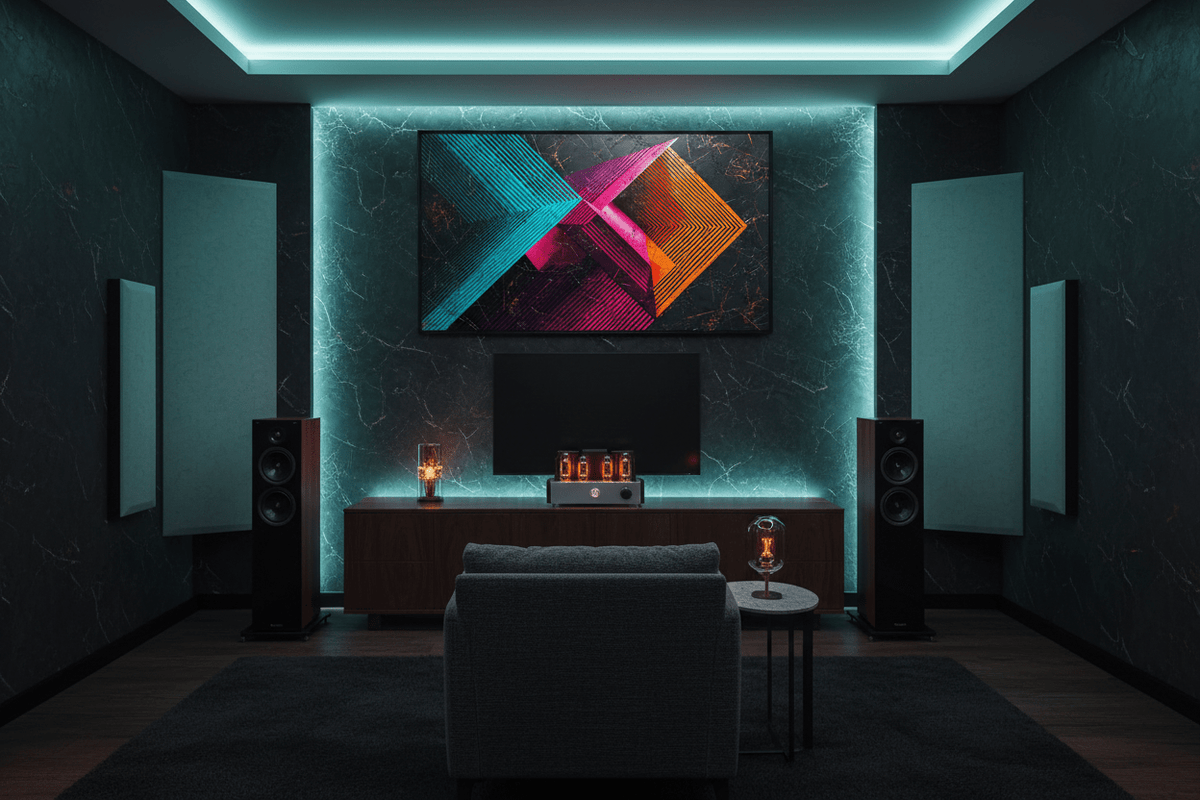 Signal Clash optical geometric artwork with cyan and orange planes in a luxury living room