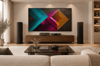 Signal Clash abstract geometric artwork with cyan, magenta and orange striped vectors on a dark ground in a high end hifi living room