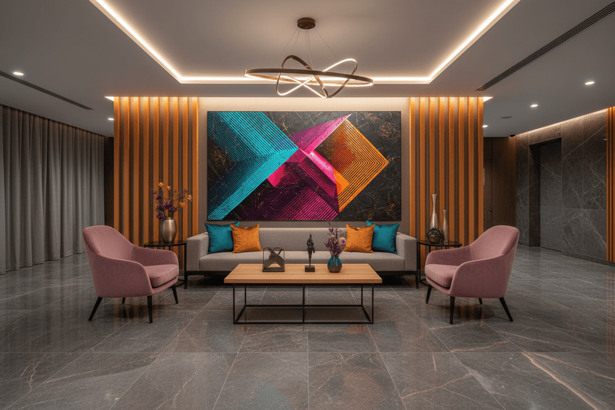 Signal Clash abstract geometric artwork with striped colour vectors in a luxury hotel lobby