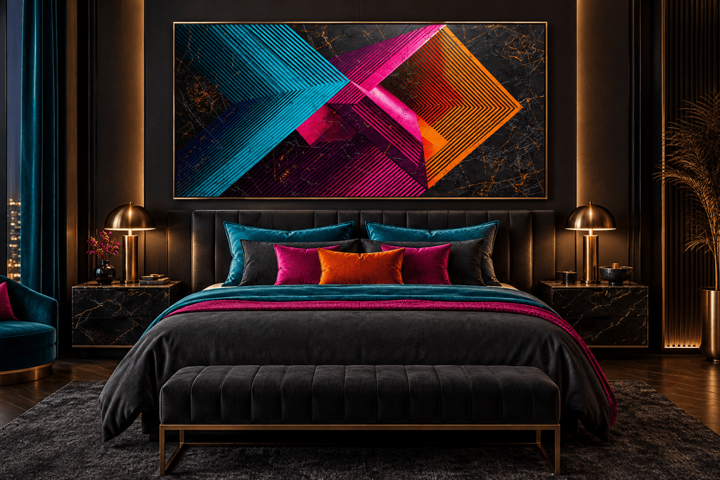 Signal Clash abstract geometric artwork with cyan, magenta and orange striped vectors on a dark ground in a luxury hotel room