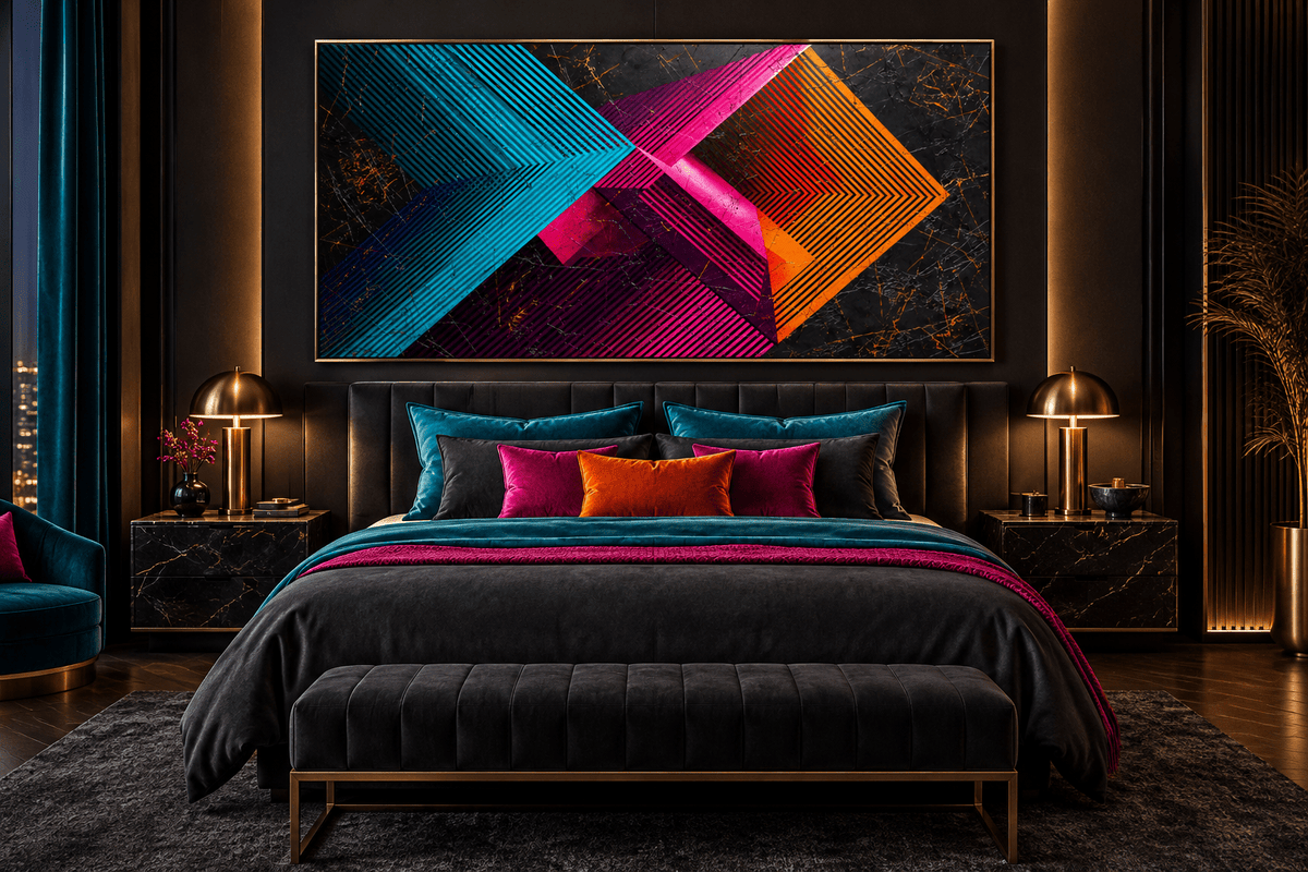 Signal Clash abstract geometric artwork with cyan, magenta and orange striped vectors on a dark ground in a luxury hotel room