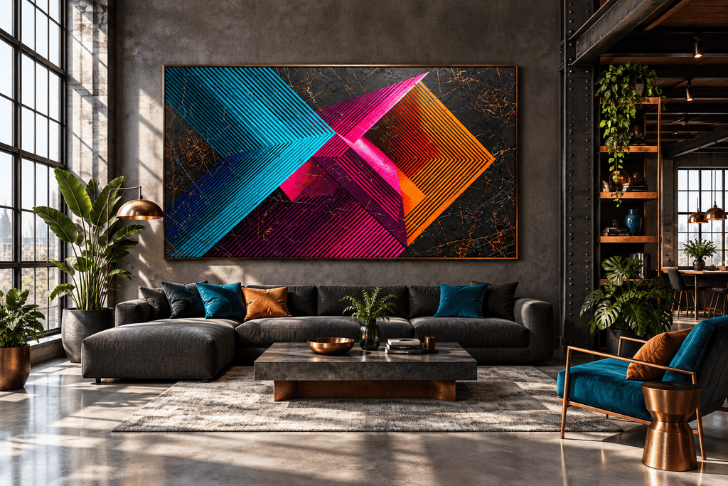 Signal Clash abstract geometric artwork with cyan, magenta and orange striped vectors on a dark ground in an industrial loft