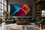 Signal Clash abstract geometric artwork with cyan, magenta and orange striped vectors on a dark ground in an industrial loft