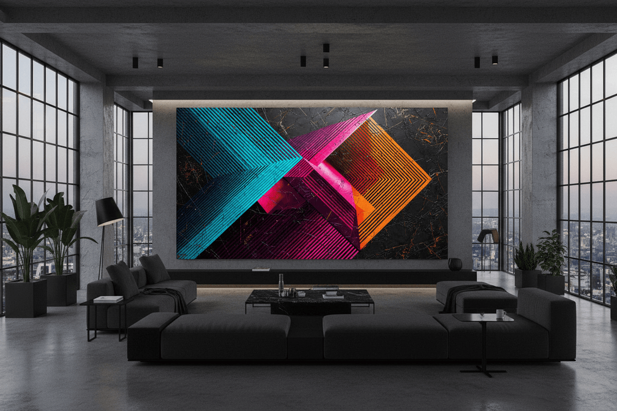 Signal Clash cyan and magenta geometric artwork in a modern industrial loft