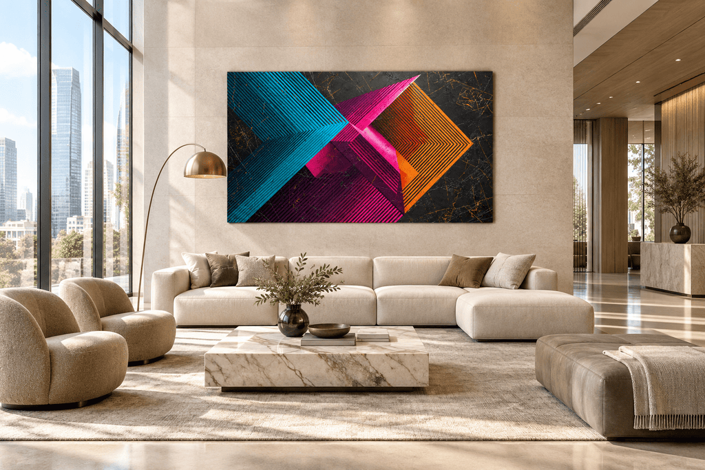 Signal Clash abstract geometric artwork with cyan, magenta and orange striped vectors on a dark ground in a modern hotel lobby