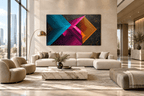 Signal Clash abstract geometric artwork with cyan, magenta and orange striped vectors on a dark ground in a modern hotel lobby
