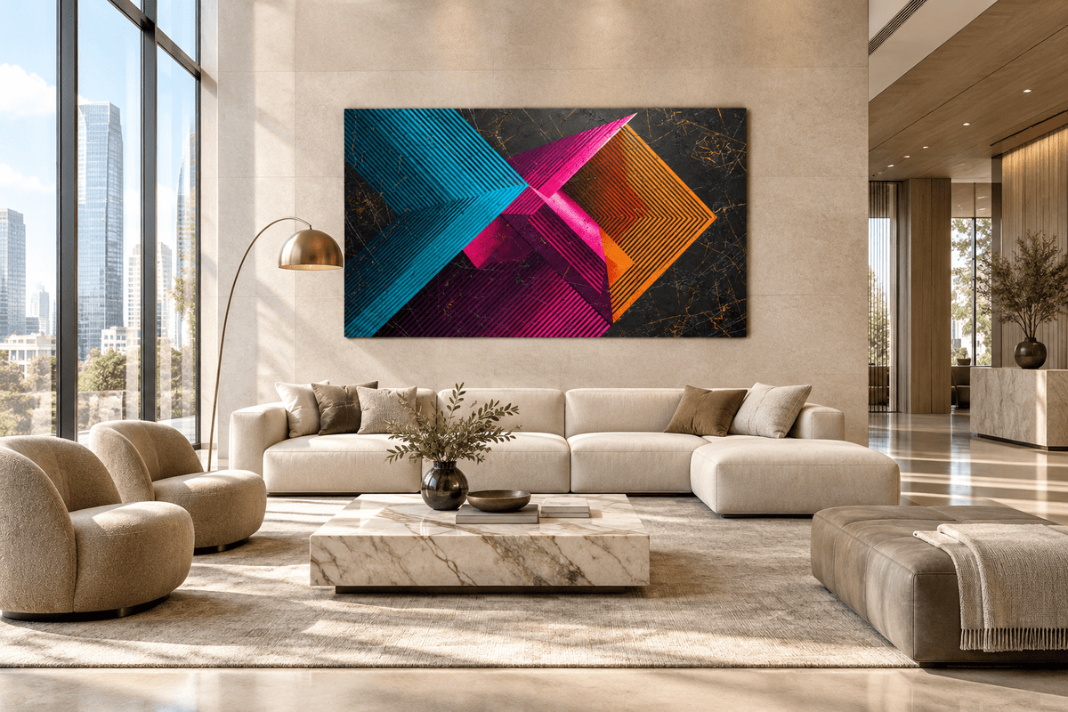 Signal Clash abstract geometric artwork with cyan, magenta and orange striped vectors on a dark ground in a modern hotel lobby