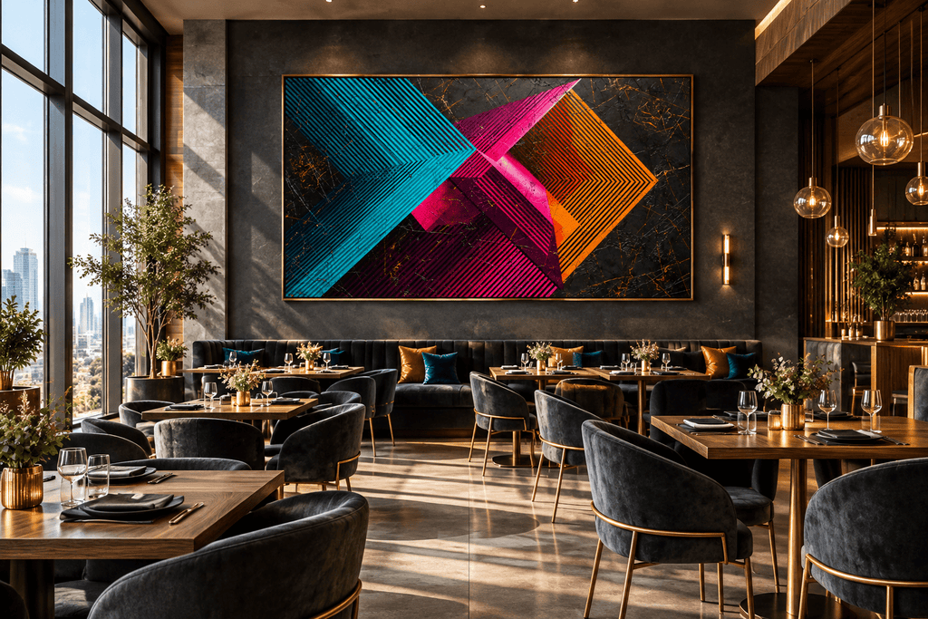 Signal Clash abstract geometric artwork with cyan, magenta and orange striped vectors on a dark ground in a modern restaurant