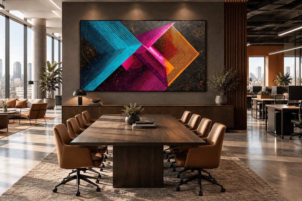 Signal Clash abstract geometric artwork with cyan, magenta and orange striped vectors on a dark ground in an open-plan office