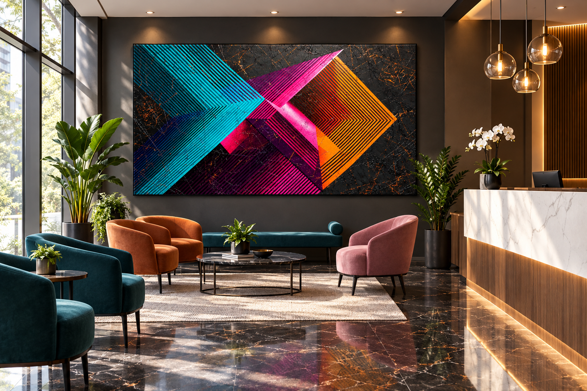 Signal Clash abstract geometric artwork with cyan, magenta and orange striped vectors on a dark ground in a private luxury clinic with reception and waiting area
