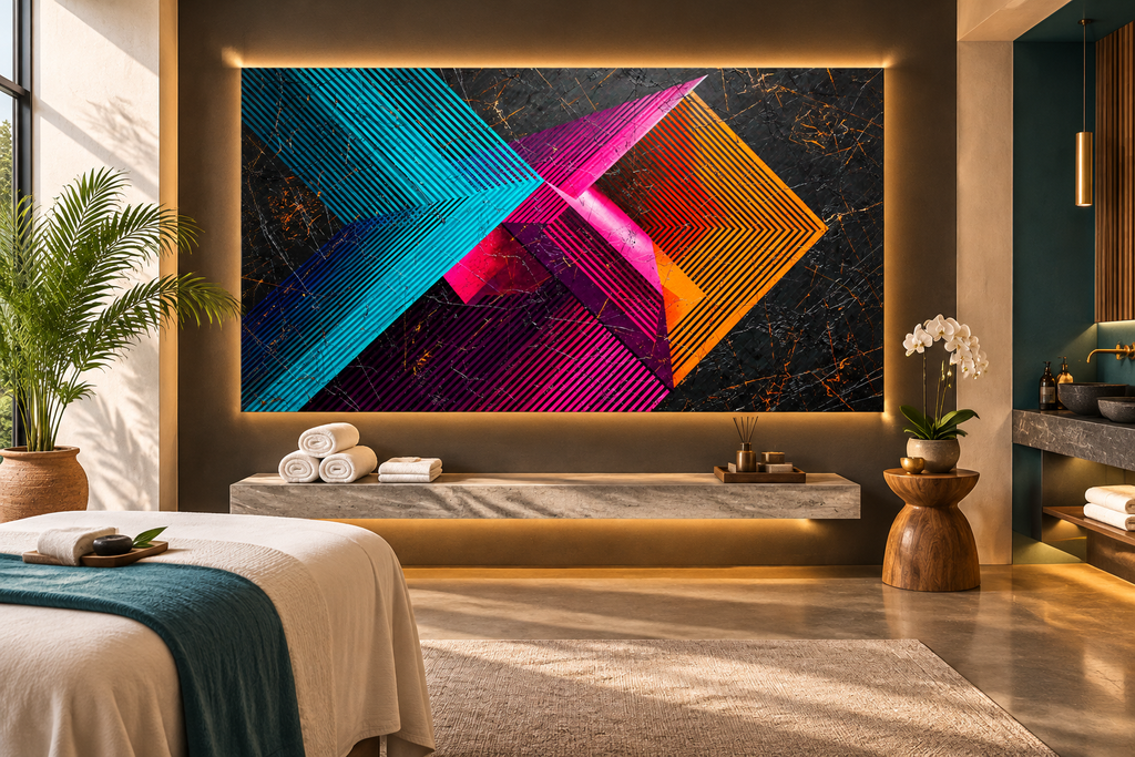 Signal Clash abstract geometric artwork with cyan, magenta and orange striped vectors on a dark ground in a wellness spa