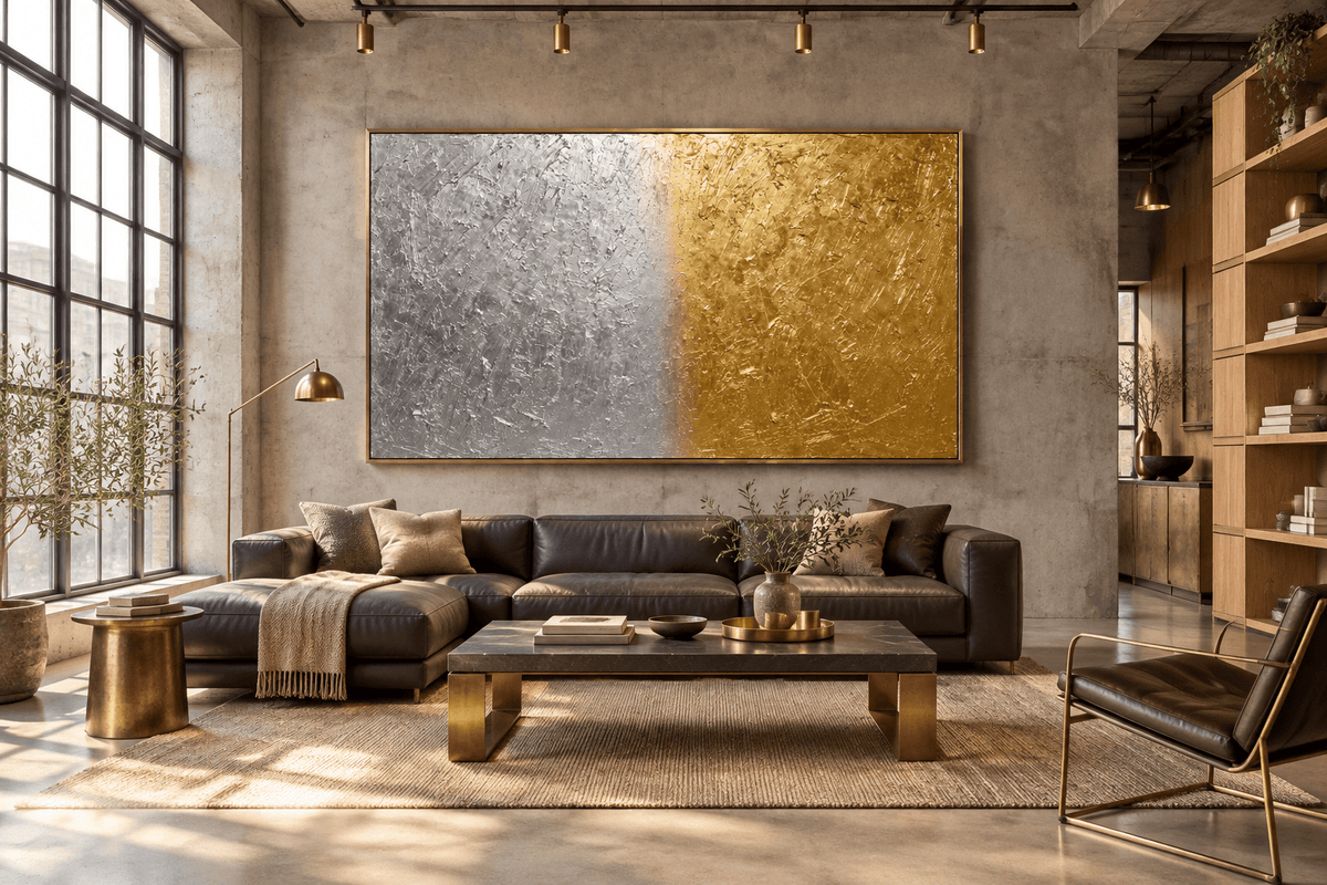 Silver & Gold silver and gold minimalist structural abstract artwork in a luxury modern loft