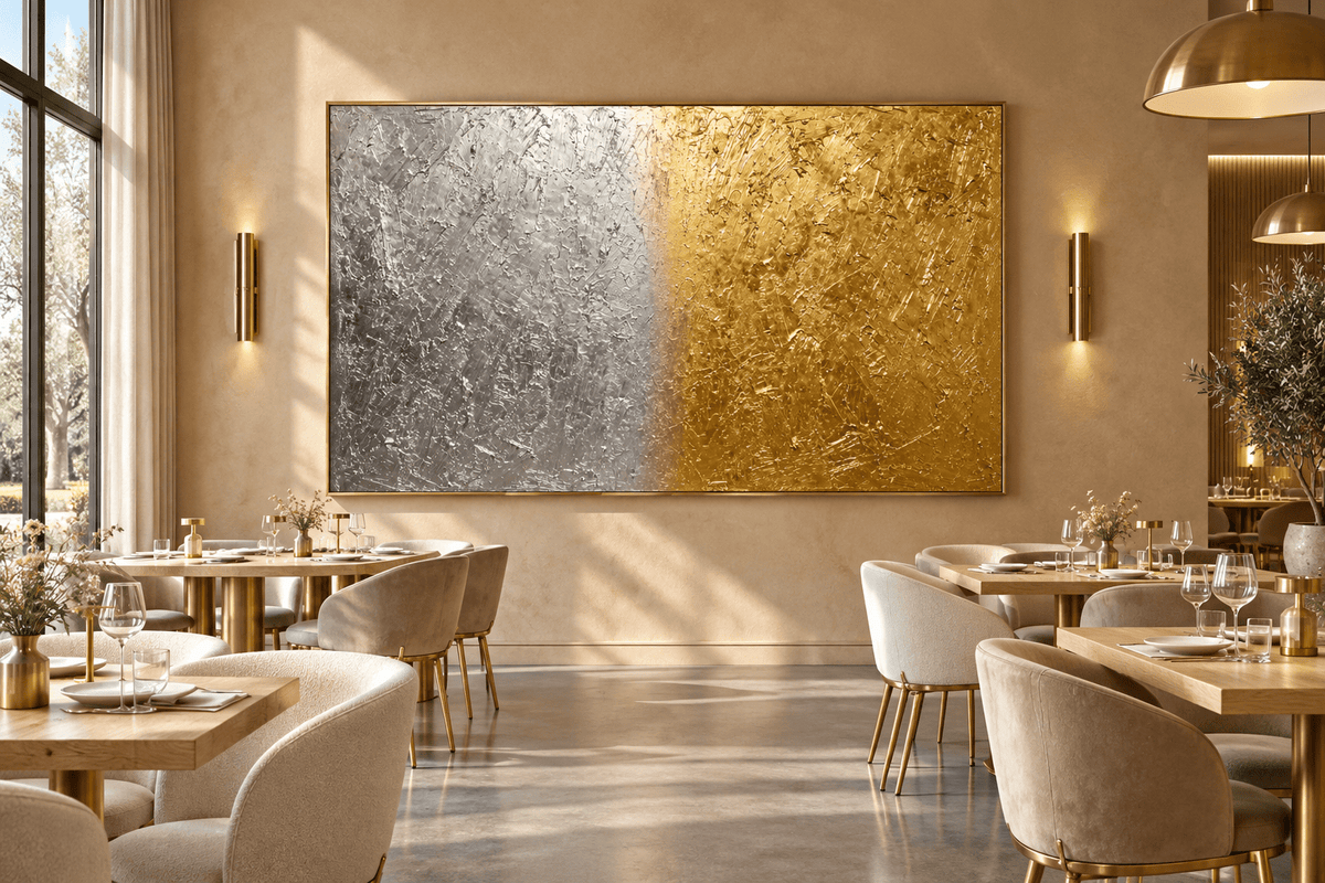 Silver & Gold silver and gold minimalist structural abstract artwork in a modern luxury restaurant