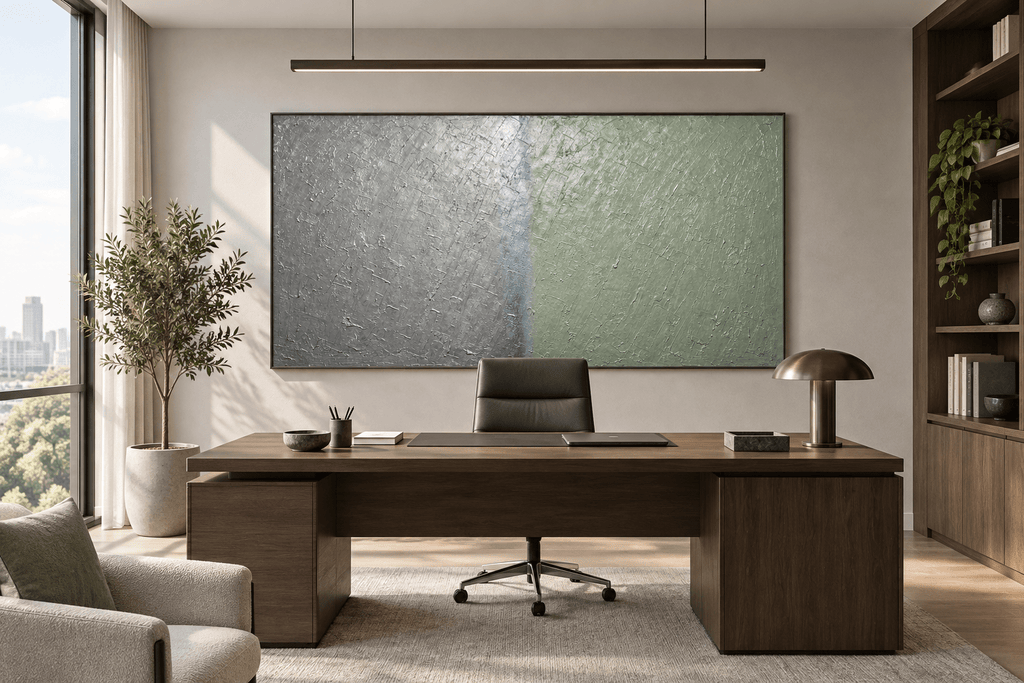 Silver Sage silver and celadon geological abstract artwork in an executive office