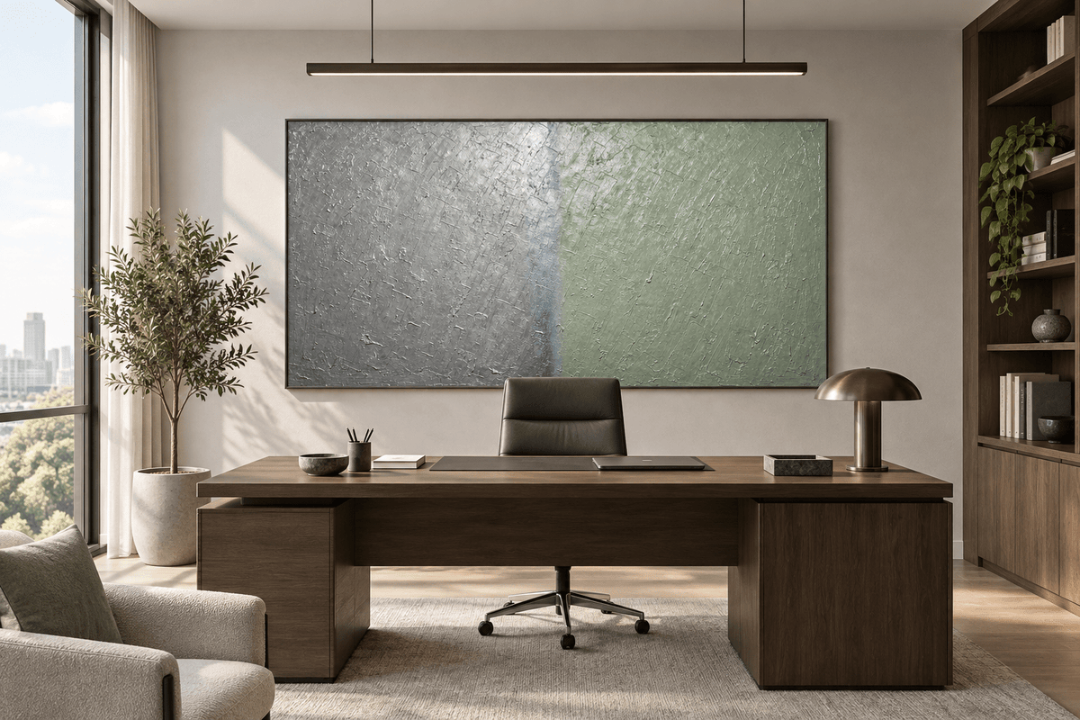 Silver Sage silver and celadon geological abstract artwork in an executive office