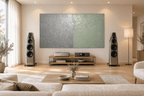 Silver Sage silver and celadon geological abstract artwork in a high-end hifi living room