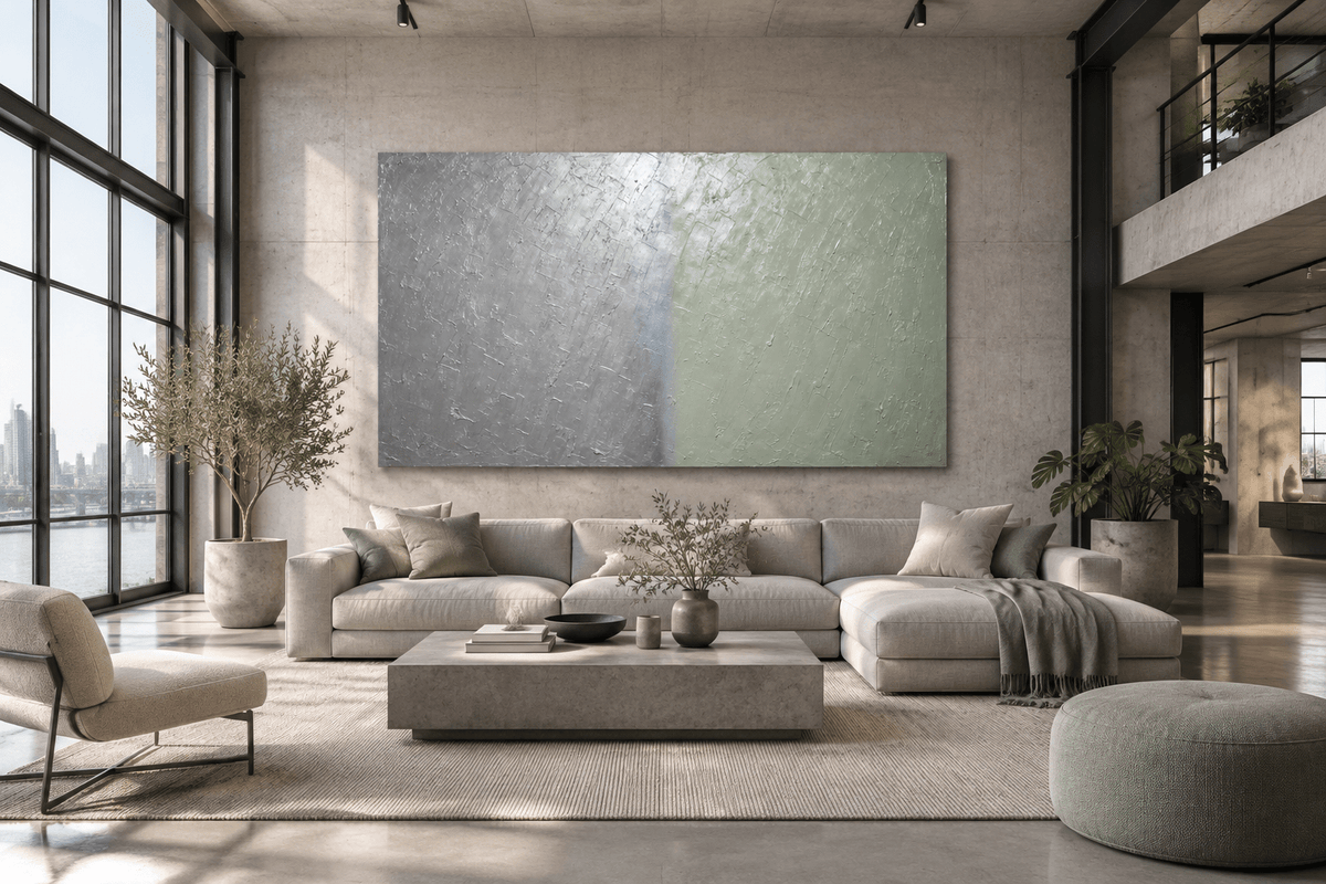 Silver Sage silver and celadon geological abstract artwork in a luxury industrial loft